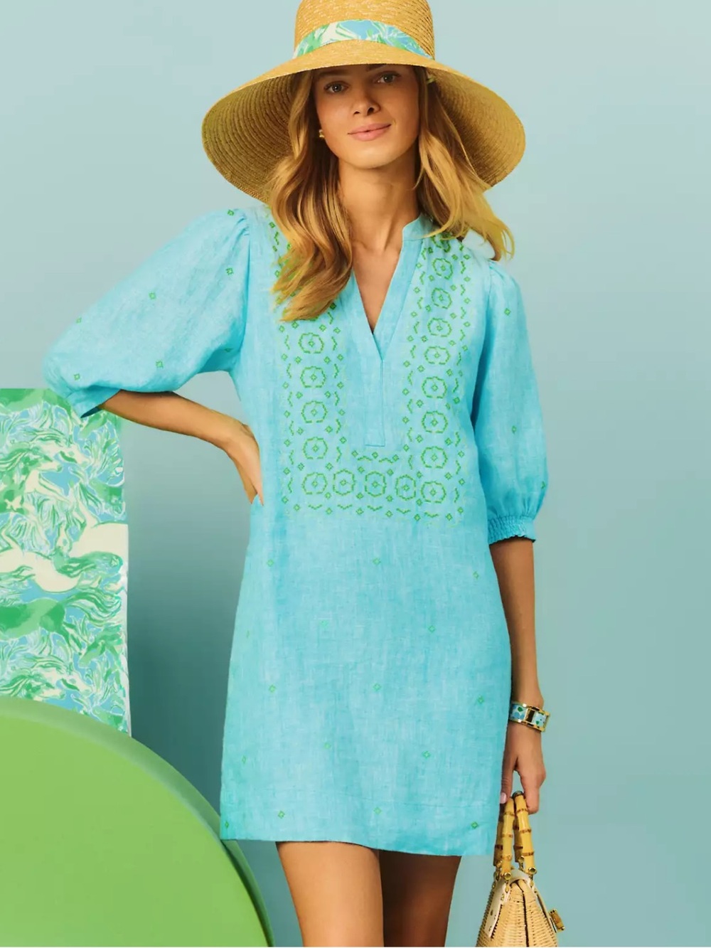 NWT Lilly Pulitzer Mialeigh Linen Dress in Capri Blue w/ Green Embroidery, sz 10